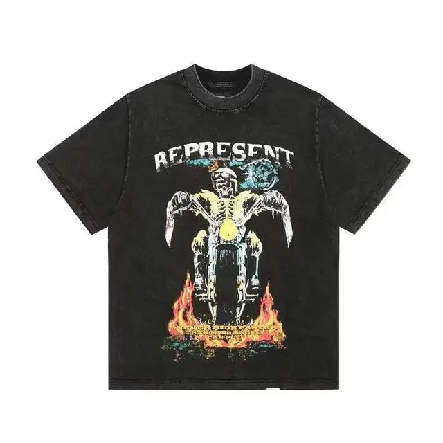 Represent Graphic Tee Skeleton Motorcycle Flame Print