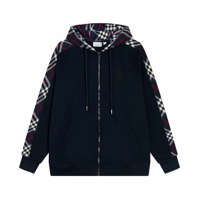 Burberry Check-Paneled Hoodie Navy with Iconic Check