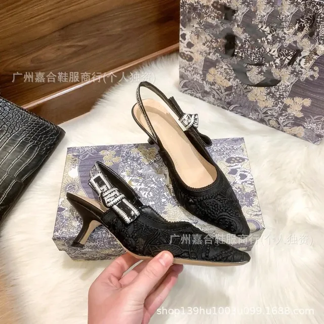 Dior Slingback Heel Embroidered Lace with Crystal Buckle