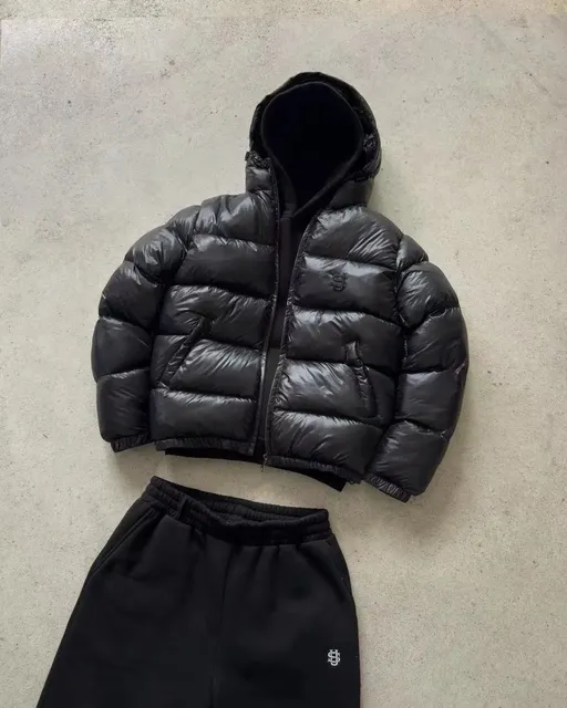 Stone Island Puffer Jacket and Sweatpants Set Glossy Black