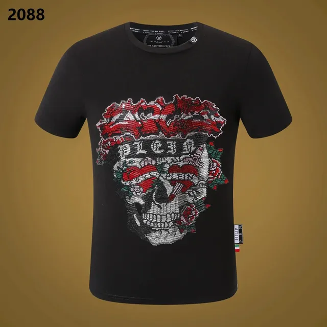 Philipp Plein Skull Graphic Tee Crystal Embellished Skull with Roses