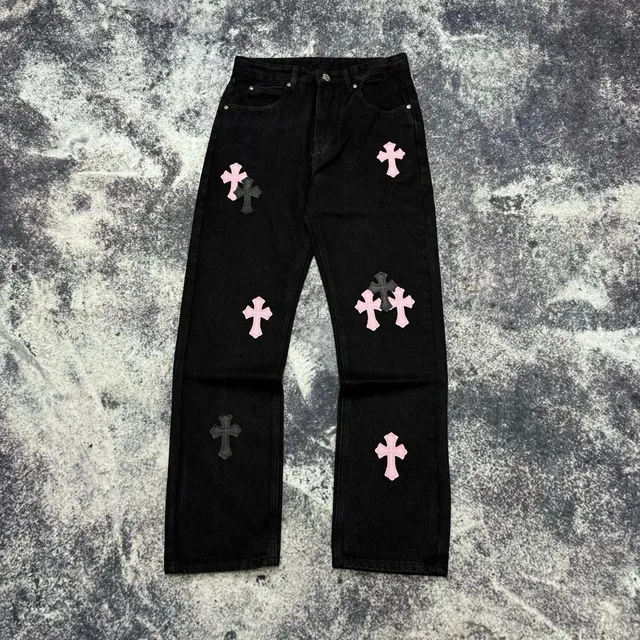 Chrome Hearts Cross Patch Jeans Black with Pink and Black Cross Patches