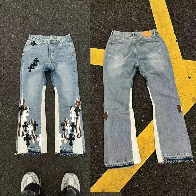 Chrome Hearts Cross-Embroidered Flare Jeans Distressed with Cross Appliqués
