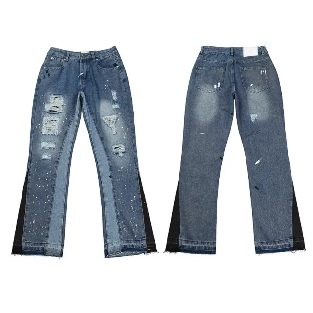 Distressed Flare Jeans Paint Splatter & Panelled