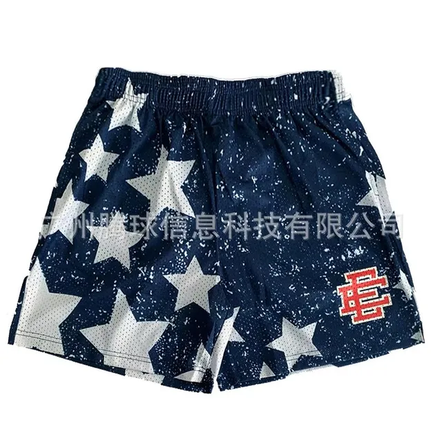 Star-Printed Mesh Shorts Navy with White Stars and Red Logo