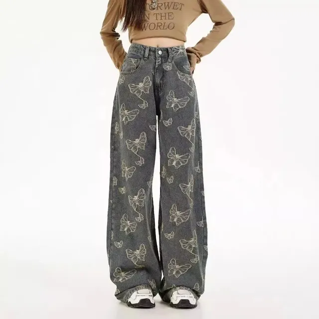 Butterfly Print Wide-Leg Jeans Butterfly Motif