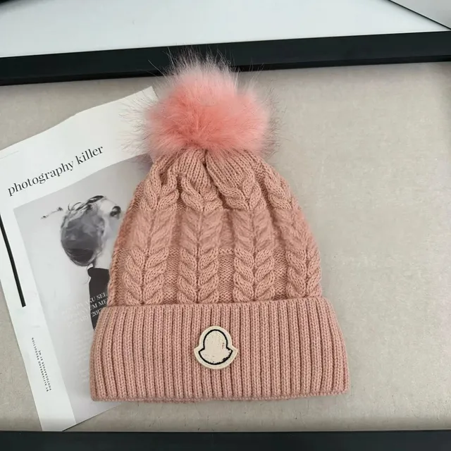 Moncler Knit Beanie Cable Knit with Fur Pom-Pom