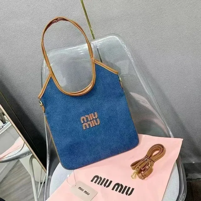Miu Miu Denim Tote Logo Embroidered