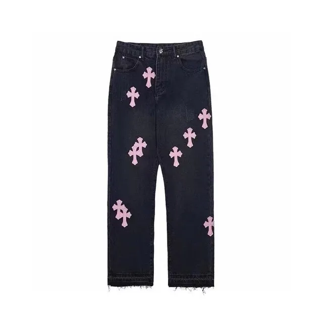 Chrome Hearts Cross Patch Jeans Pink Cross Embroidery