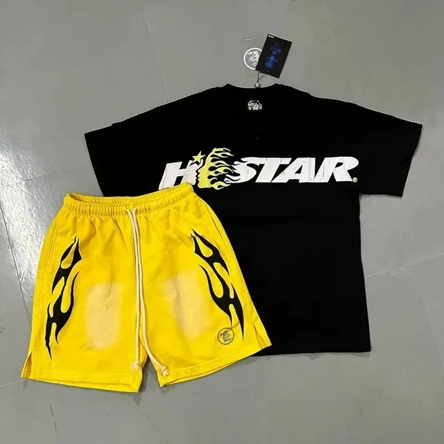 Hellstar Flame Logo Tee & Shorts Set Black/Yellow Flame Print
