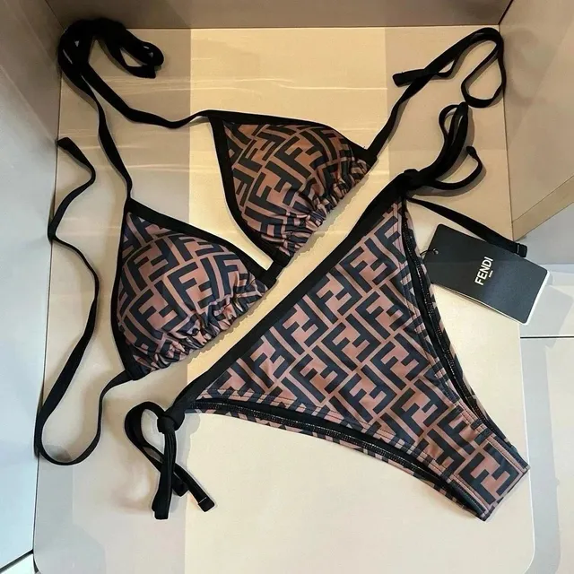 Fendi Triangle Bikini Set FF Logo Print Beige/Black