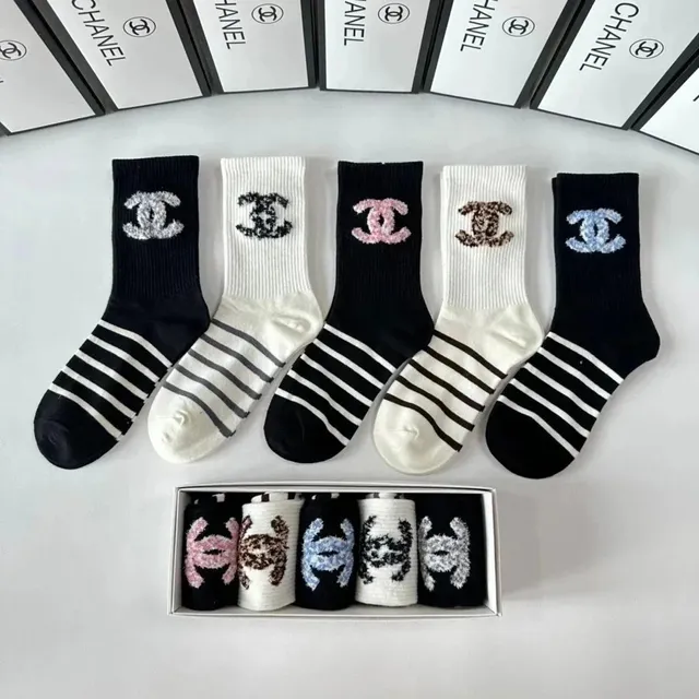 Chanel Logo Socks CC Logo with Stripes