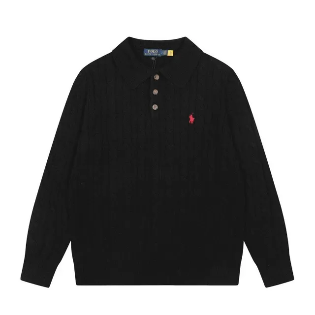 Polo Ralph Lauren Cable Knit Polo Sweater Black with Red Pony