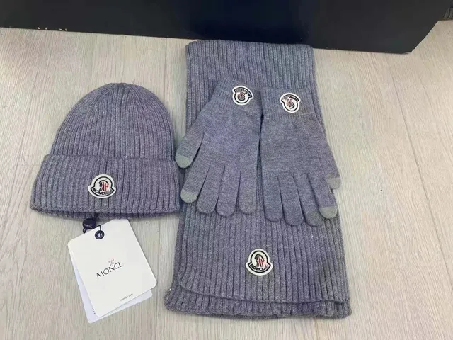 Moncler Beanie, Scarf and Gloves Set Ribbed Knit with Logo Patch