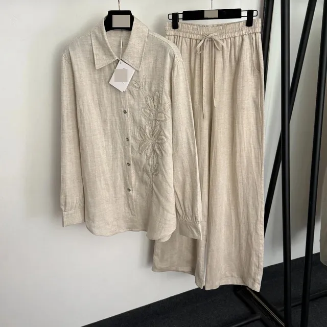 Linen Shirt and Trousers Set Floral Embroidery