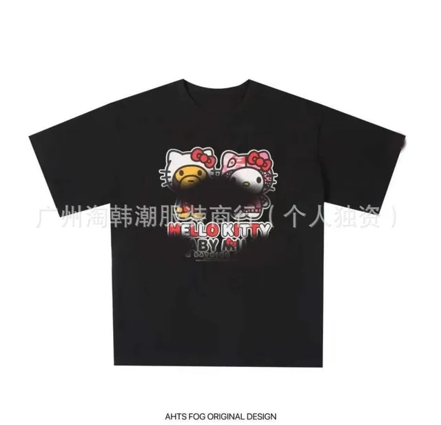 t-shirt black tee with Hello Kitty and BAPE STA monkey head graphic
