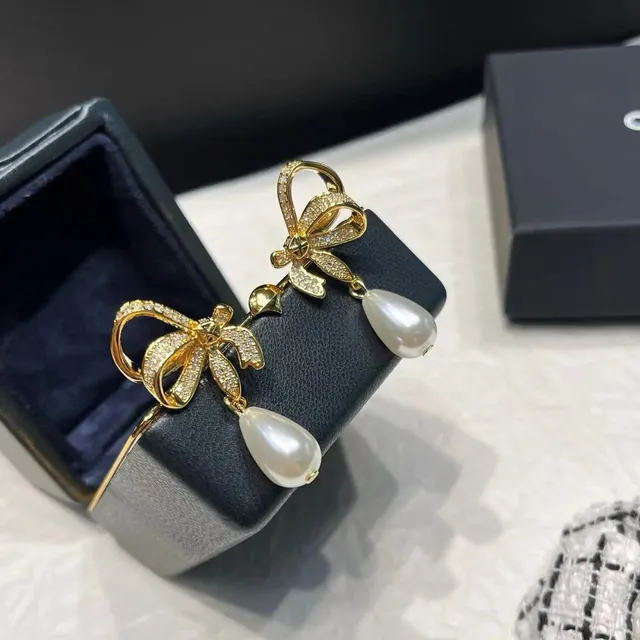 Chanel Bow Pearl Earrings Crystal-Embellished Bow with Pearl Drop