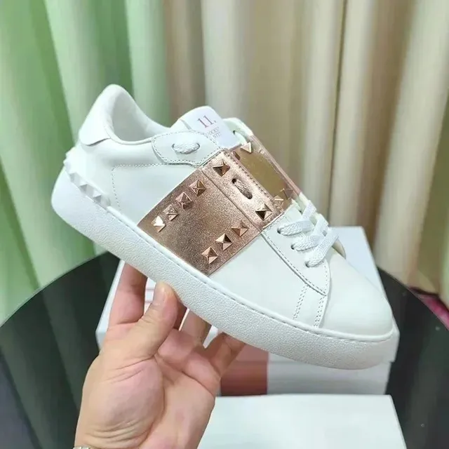 Valentino Rockstud Sneaker White with Rose Gold Studs