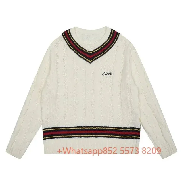 V-Neck Cable Knit Sweater Cricket Stripe Trim