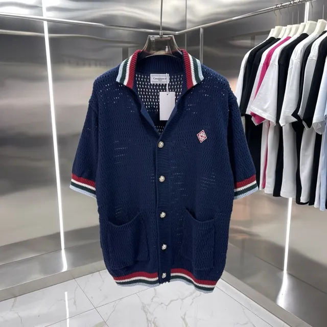 Casablanca Short-Sleeve Knit Cardigan Tennis Club Stripe Collar