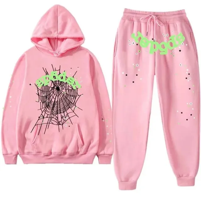 Sp5der Spider Web Hoodie and Joggers Set Neon Green Spider Web Print
