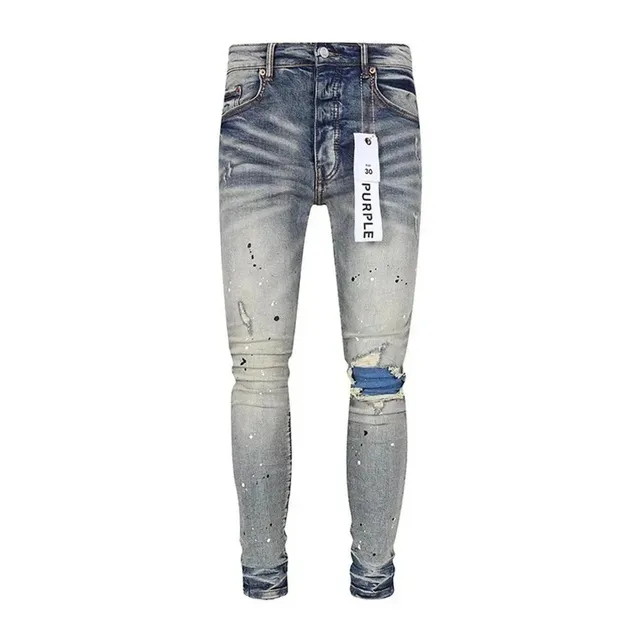 Purple Brand Distressed Slim Fit Jeans Splatter Wash with Knee Patch