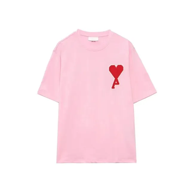 AMI Paris Heart Logo T-Shirt Pink with Red Embroidered Heart
