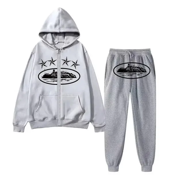 Corteiz Zip-Up Hoodie and Joggers Set Cruise Ship Graphic