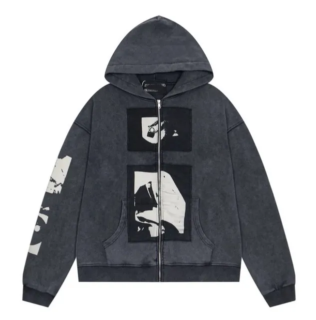 Off-White Zip-Up Hoodie Distressed Print