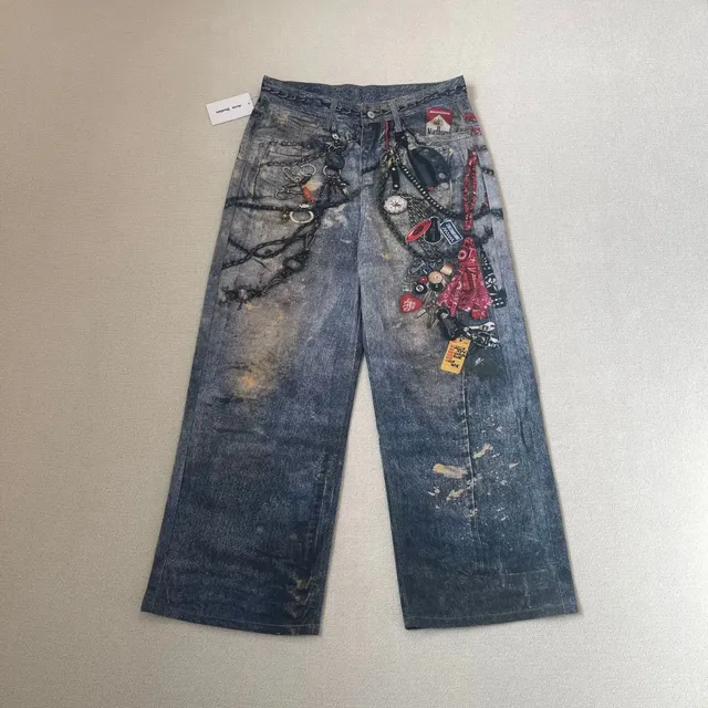 Acne Studios Decorated Denim Trousers Distressed with Chain and Charm Embellishments