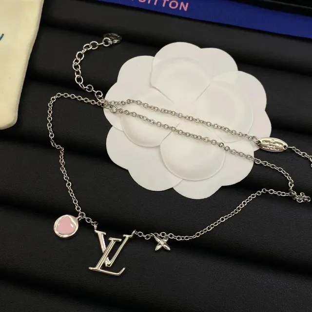 Louis Vuitton LV Chain Necklace with Pink Enamel Heart and Star Charm