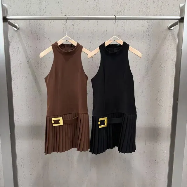 Balenciaga Pleated Sleeveless Dress Belted