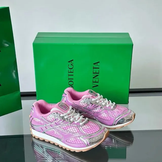 Bottega Veneta Track Trainer Pink Snake-Print with Silver Accents