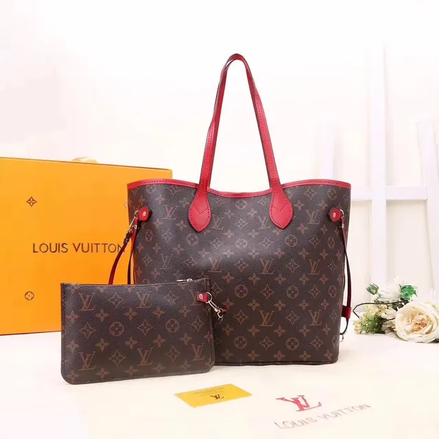 Louis Vuitton Neverfull MM Monogram Canvas with Red Leather Trim