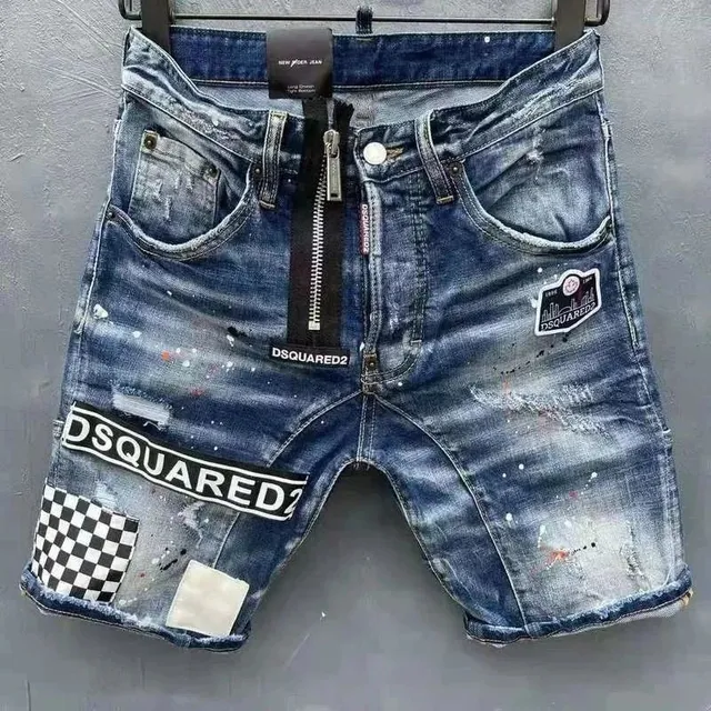 Dsquared2 Distressed Denim Shorts Logo Patch & Paint Splatter