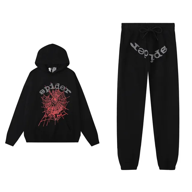 Sp5der Spider Web Hoodie and Joggers Set Black with Red Spiderweb Print