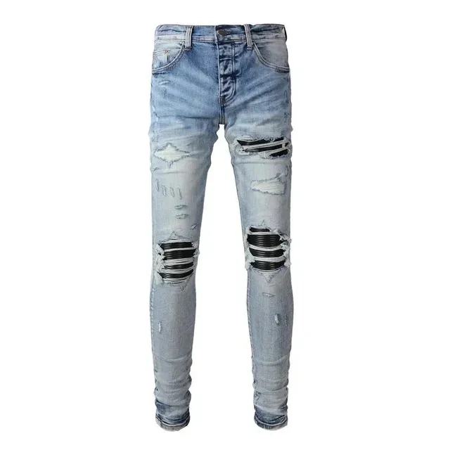 Distressed Slim Fit Jeans Light Wash with Black Tape Repair