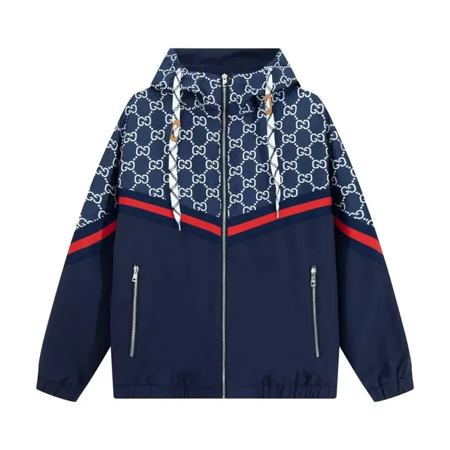 Gucci GG Logo Hooded Jacket Navy with Red Stripe