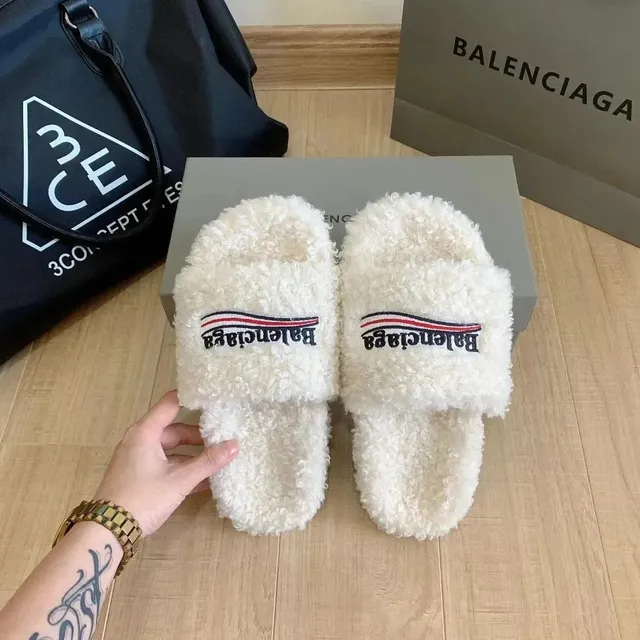 Balenciaga Shearling Slide Logo Embroidered