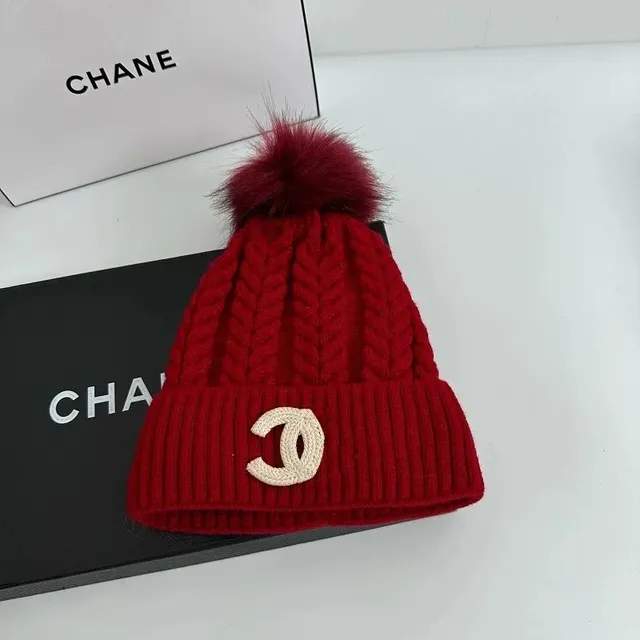 Chanel Knit Beanie CC Logo with Fur Pom-Pom