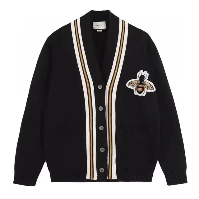 Gucci Bee Embroidered Cardigan Striped Trim