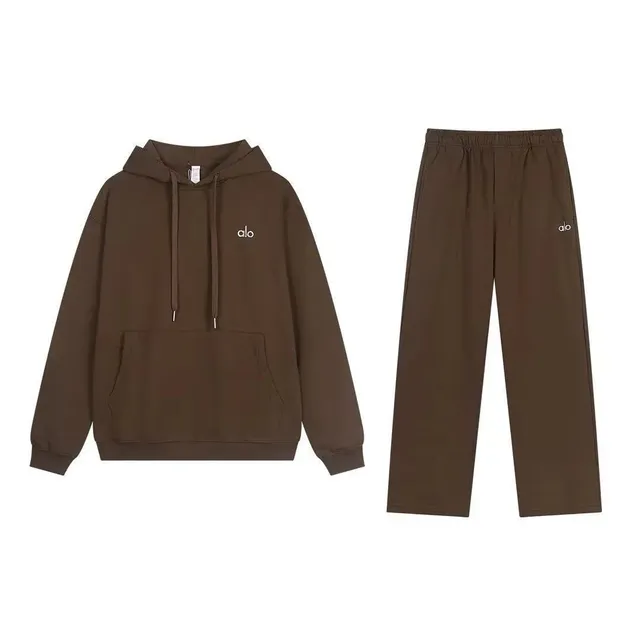 Alo Yoga Hoodie and Joggers Set Brown Logo Embroidered