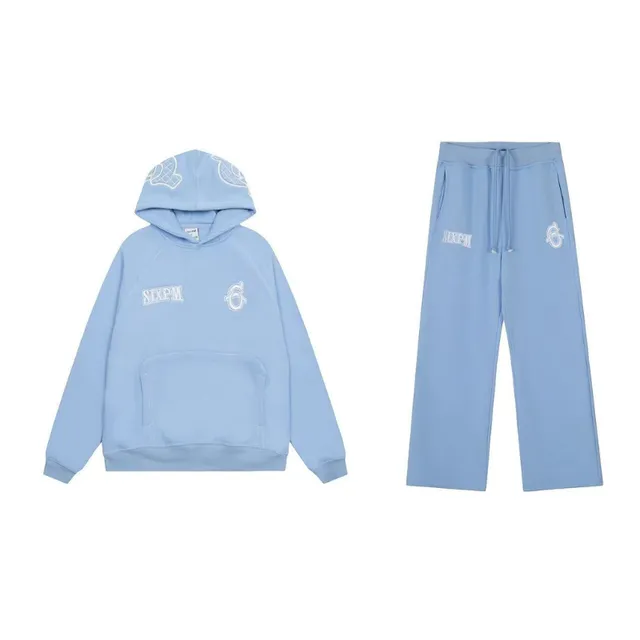 6PM Season Hoodie and Joggers Set Light Blue Logo Embroidery