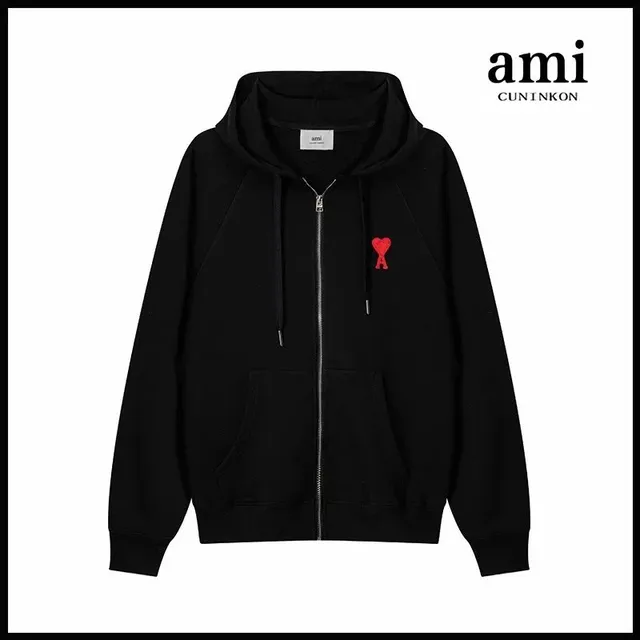 AMI Paris Zip-Up Hoodie Red Heart Logo