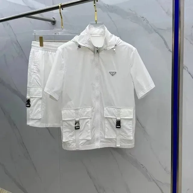 Prada Short-Sleeve Hooded Jacket and Cargo Shorts Set All-White