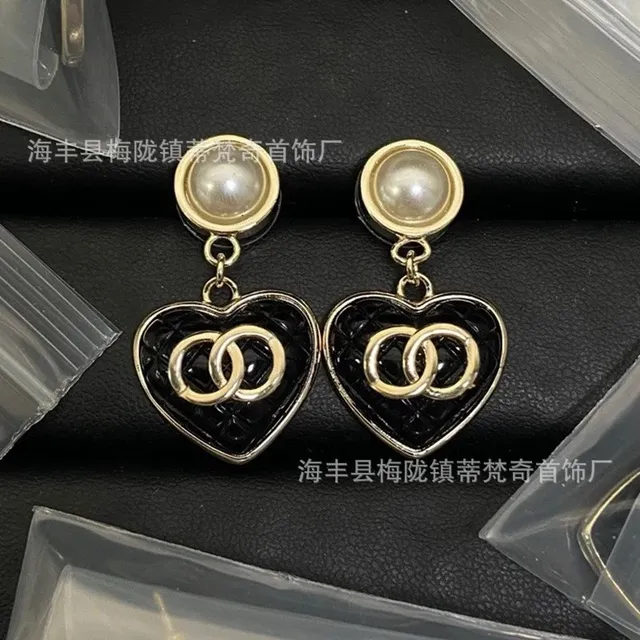 Chanel Heart Drop Earrings Quilted Black with Pearl and CC Logo