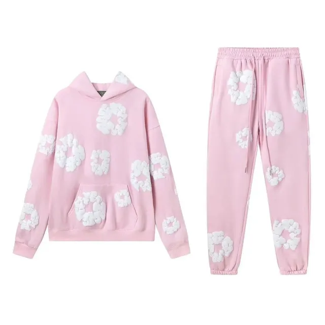 Balenciaga Flower-Embroidered Hoodie and Joggers Set Pink with White Floral Appliqué