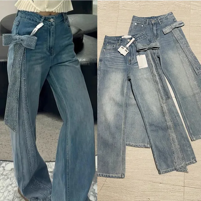 Wide-Leg Jeans with Bow Belt Crystal-Embellished Bow Detail