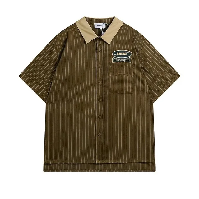 Rhude Short-Sleeve Button-Up Shirt Pinstripe with Logo Patch