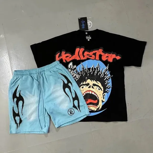 Graphic Tee and Shorts Set Hellstar Logo Print